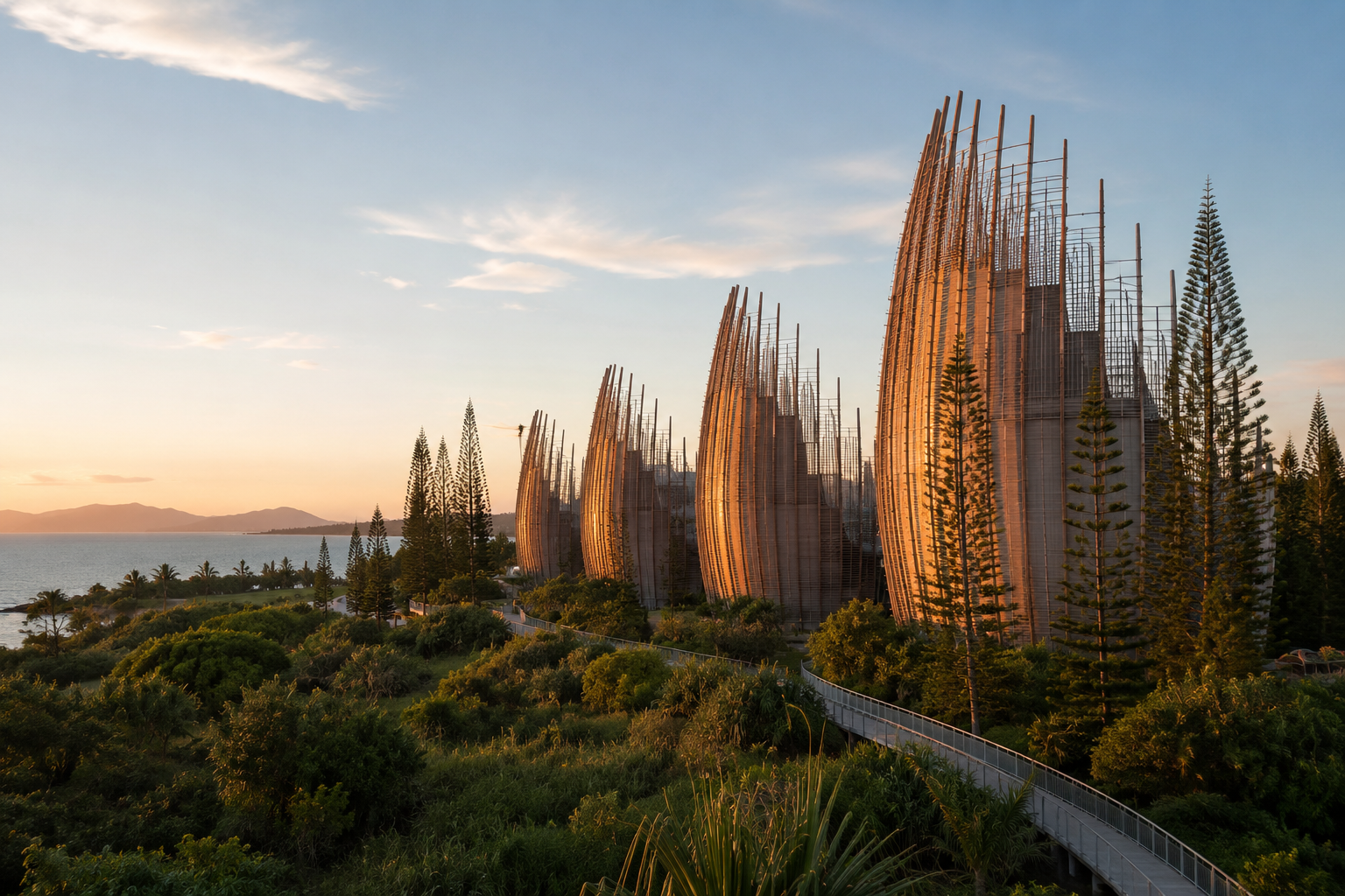 Centre culturel Jean-Marie Tjibaou conçu par Renzo Piano à Nouméa, Nouvelle-Calédonie.